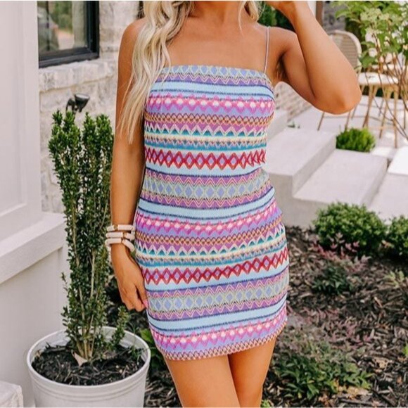 TCEC Boutique Embroidered Stripe Knit Spaghetti Strap Mini Bodycon Dress Large - Picture 2 of 9